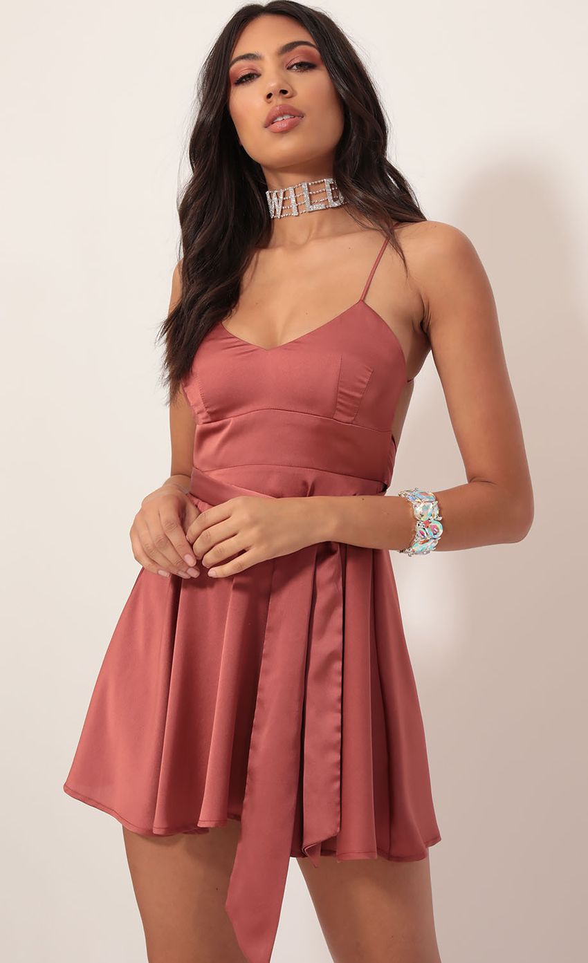 Picture Satin Tie A-line Dress in Rust. Source: https://media-img.lucyinthesky.com/data/Nov19_2/850xAUTO/781A9286.JPG