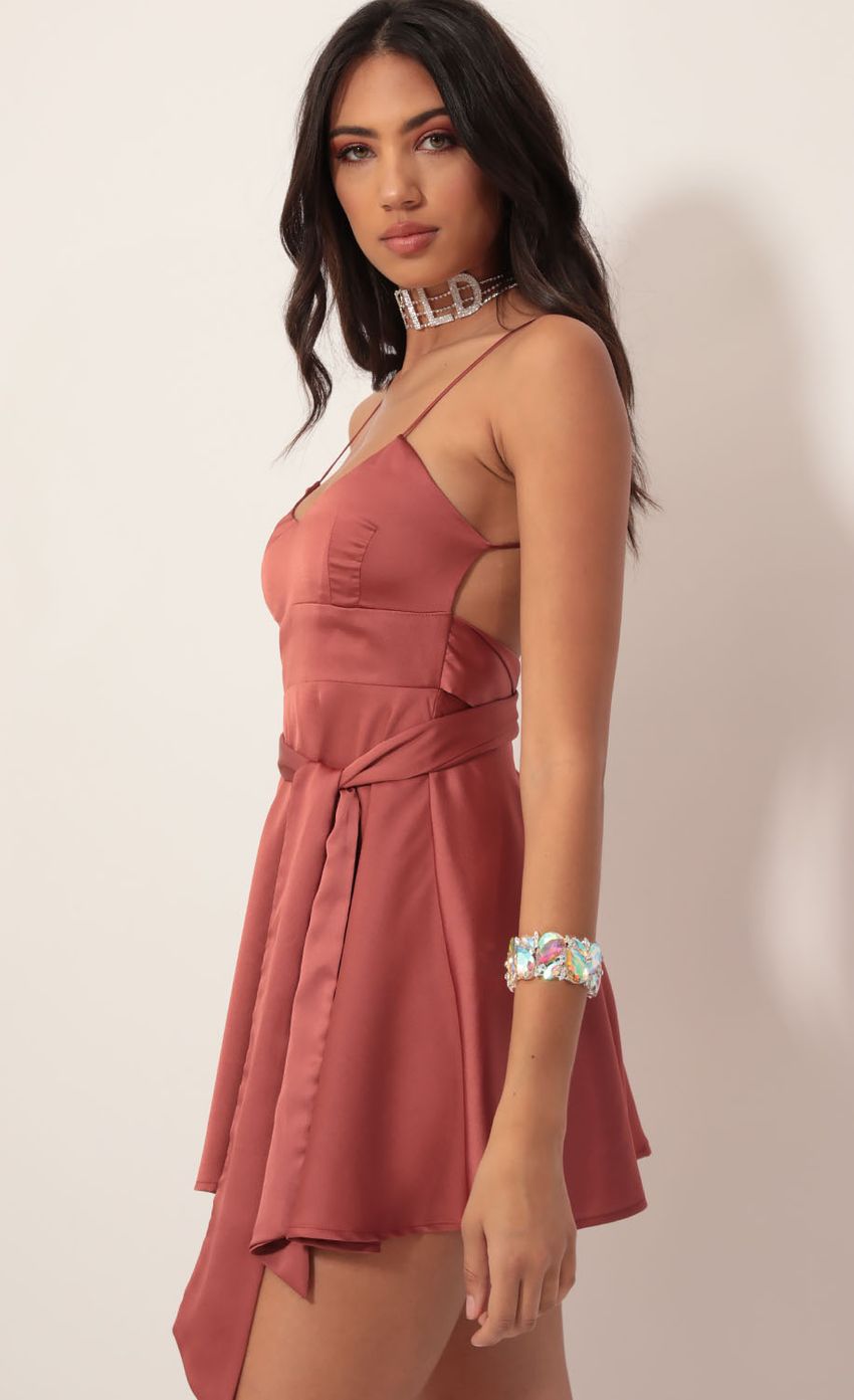 Picture Satin Tie A-line Dress in Rust. Source: https://media-img.lucyinthesky.com/data/Nov19_2/850xAUTO/781A9311.JPG