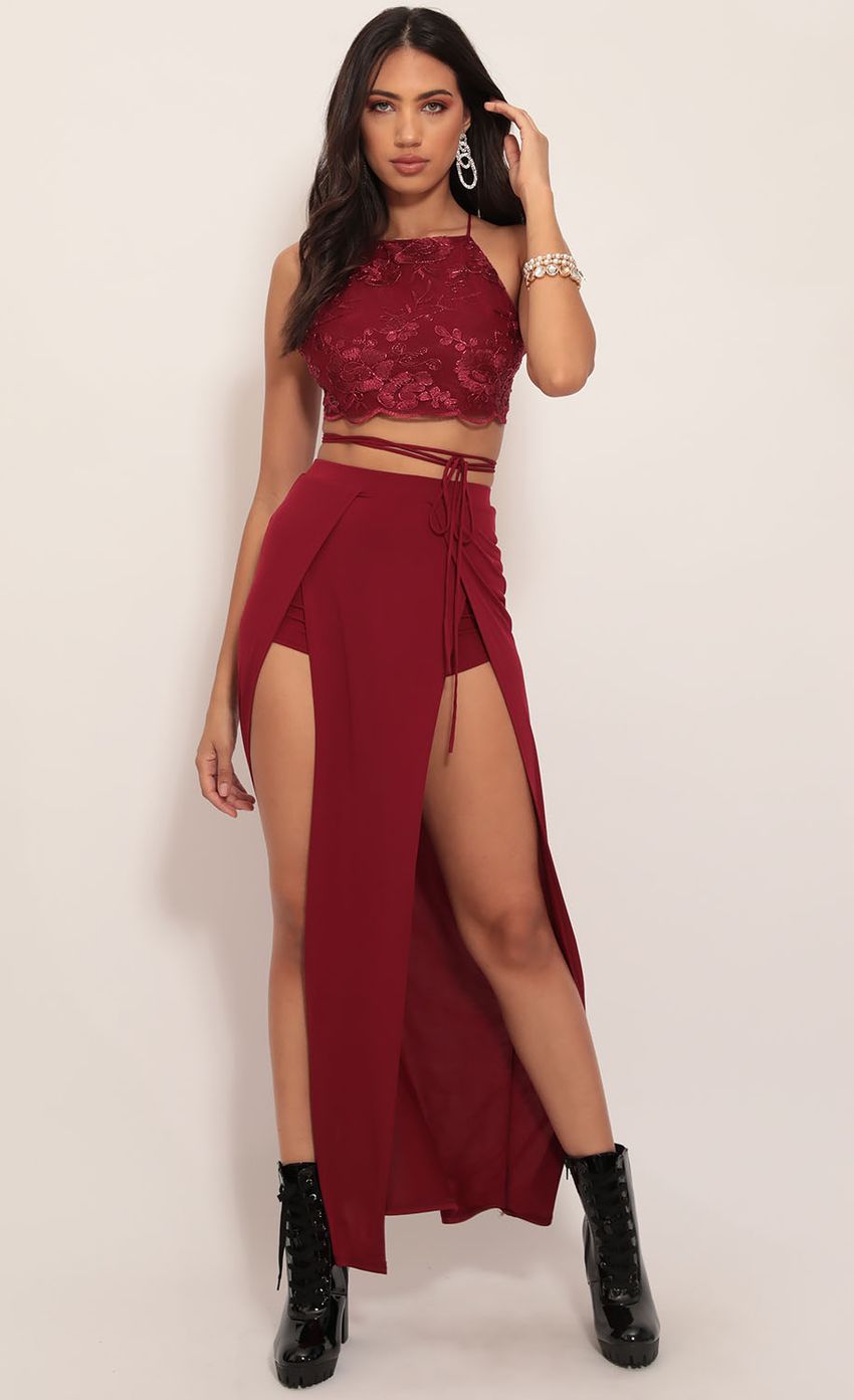 Picture Rose Lace Halter Maxi Set in Merlot. Source: https://media-img.lucyinthesky.com/data/Nov19_2/850xAUTO/781A9847.JPG