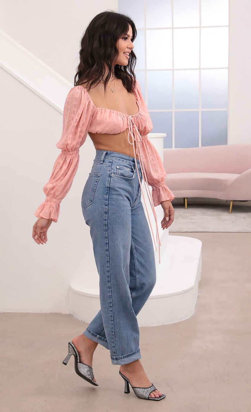 Picture Sarah Puff Sleeve Front Tie Crop In Blush Chiffon Polka Dots. Source: https://media-img.lucyinthesky.com/data/Nov20_2/850xAUTO/1V9A7156.JPG