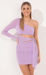Picture One Sleeve Tie Dress in Lavender. Source: https://media-img.lucyinthesky.com/data/Nov21_1/150xAUTO/1V9A8610.JPG