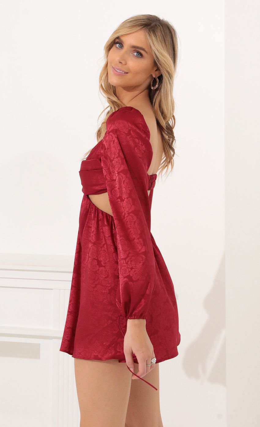 Picture Krista Long Sleeve Fit and Flare Dress in Red Floral Satin. Source: https://media-img.lucyinthesky.com/data/Nov21_1/850xAUTO/1V9A0069.JPG