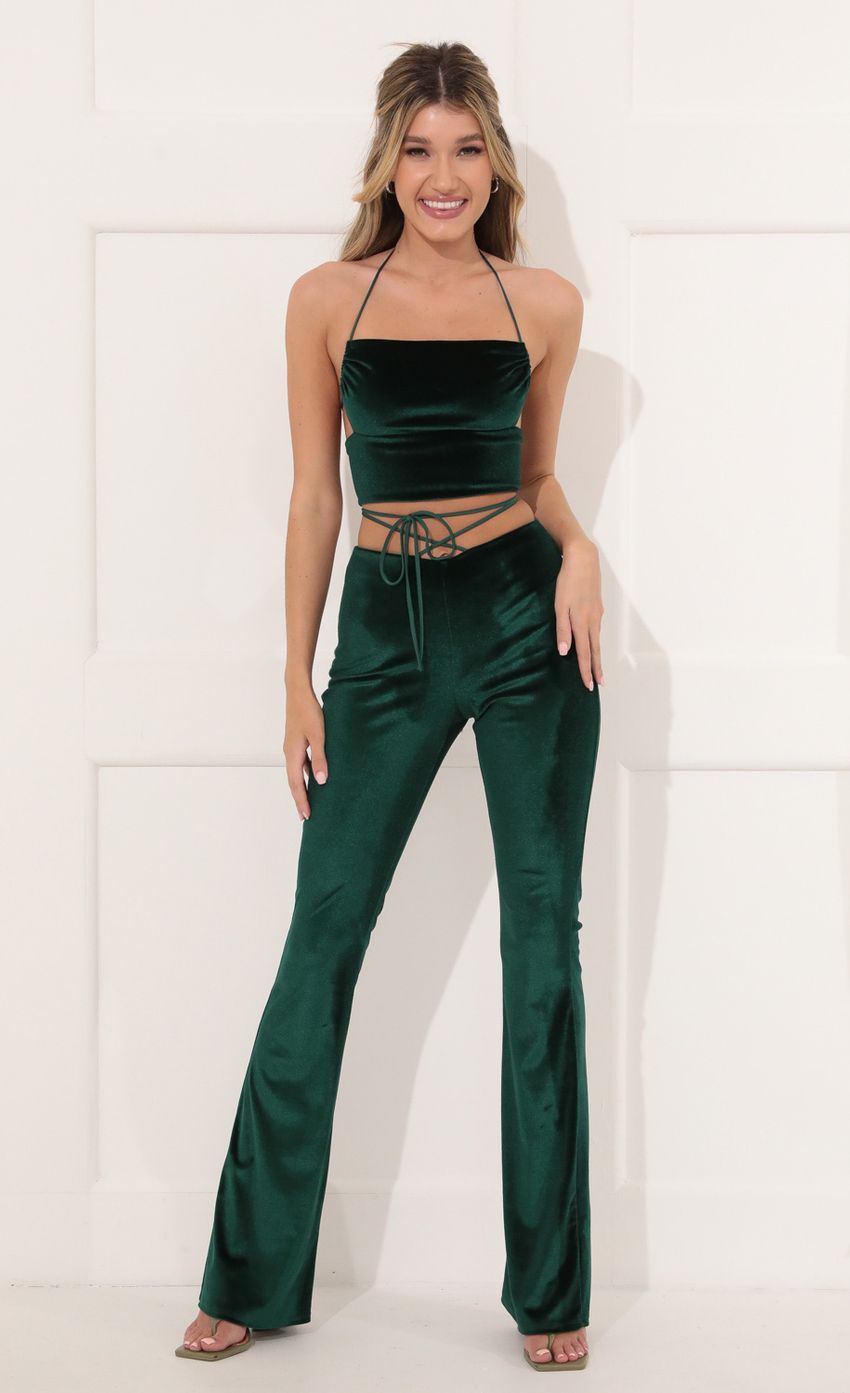 Picture Velvet Two Piece Pant Set in Green. Source: https://media-img.lucyinthesky.com/data/Nov21_2/850xAUTO/1V9A4544.JPG