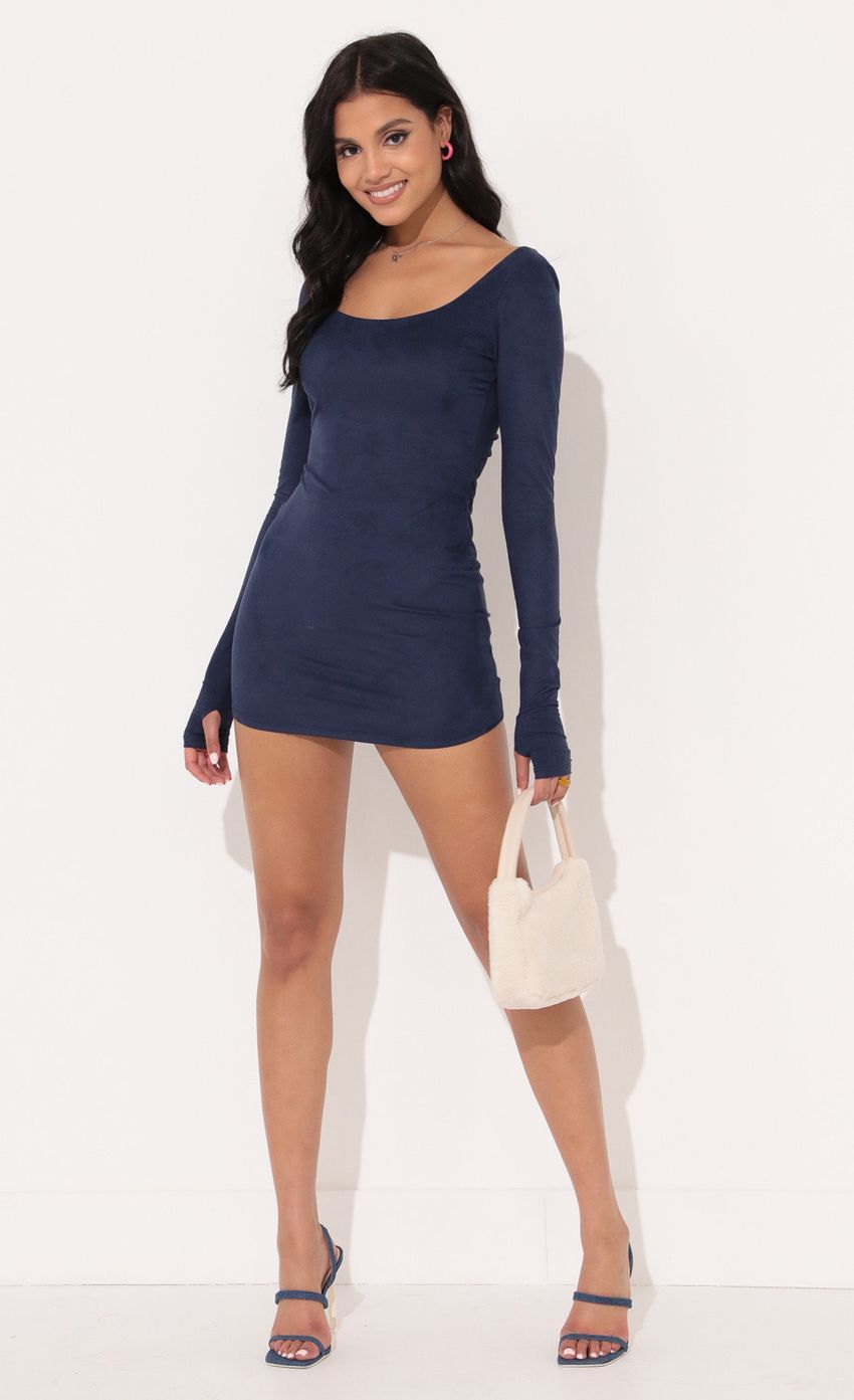 Picture Long Sleeve Bodycon Dress in Blue Suede. Source: https://media-img.lucyinthesky.com/data/Nov21_2/850xAUTO/1V9A4867.JPG
