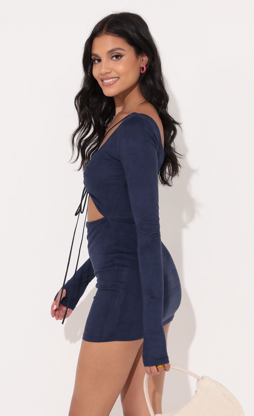 Picture Long Sleeve Bodycon Dress in Blue Suede. Source: https://media-img.lucyinthesky.com/data/Nov21_2/850xAUTO/1V9A5402.JPG