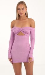 Picture Suede Off The Shoulder Dress in Purple. Source: https://media-img.lucyinthesky.com/data/Nov22/150xAUTO/68cec89f-9af0-4459-9278-fa5b99291ed4.jpg