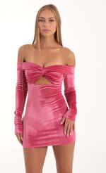 Picture Velvet Glitter Off The Shoulder Dress in Pink. Source: https://media-img.lucyinthesky.com/data/Nov22/150xAUTO/c009e79b-8160-4fff-81b1-60f51deb5263.jpg