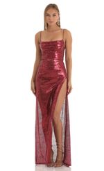 Picture Sequin Cowl Neck Maxi Dress in Red. Source: https://media-img.lucyinthesky.com/data/Nov22/150xAUTO/ef3ac336-0a2a-4b16-9974-e488b00928f7.jpg