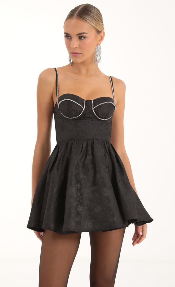 Kadri Floral Rhinestone Corset Dress in Black