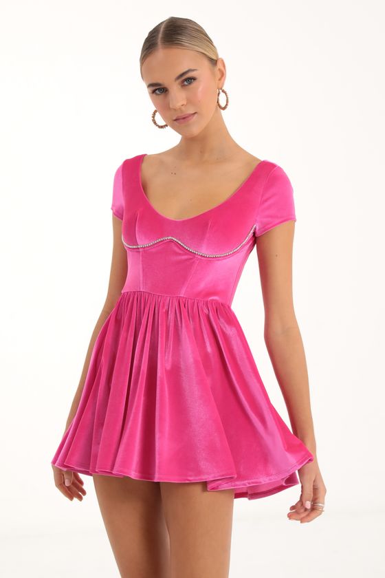Fynnley Rhinestone Velvet Corset Flare Dress in Pink