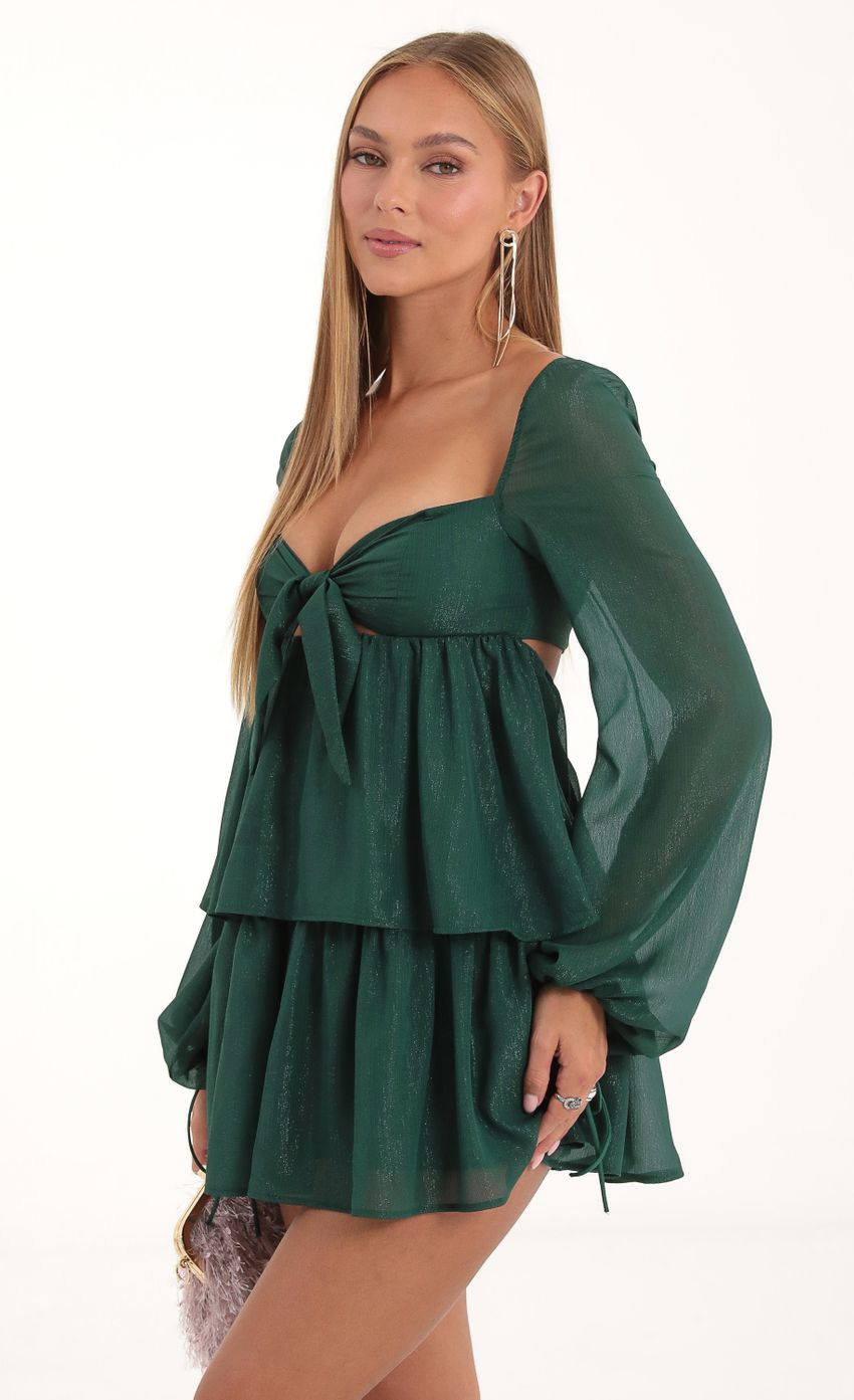 Picture Journi Shinny Chiffon Ruffle Dress in Green. Source: https://media-img.lucyinthesky.com/data/Nov22/850xAUTO/09a239f9-9fe0-402c-a669-73b8fdb6523c.jpg