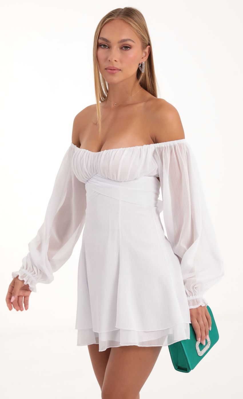 Picture Shinny Chiffon Off The Shoulder Dress in White. Source: https://media-img.lucyinthesky.com/data/Nov22/850xAUTO/0e857132-a021-4d7e-bb35-84f7d90a83fc.jpg