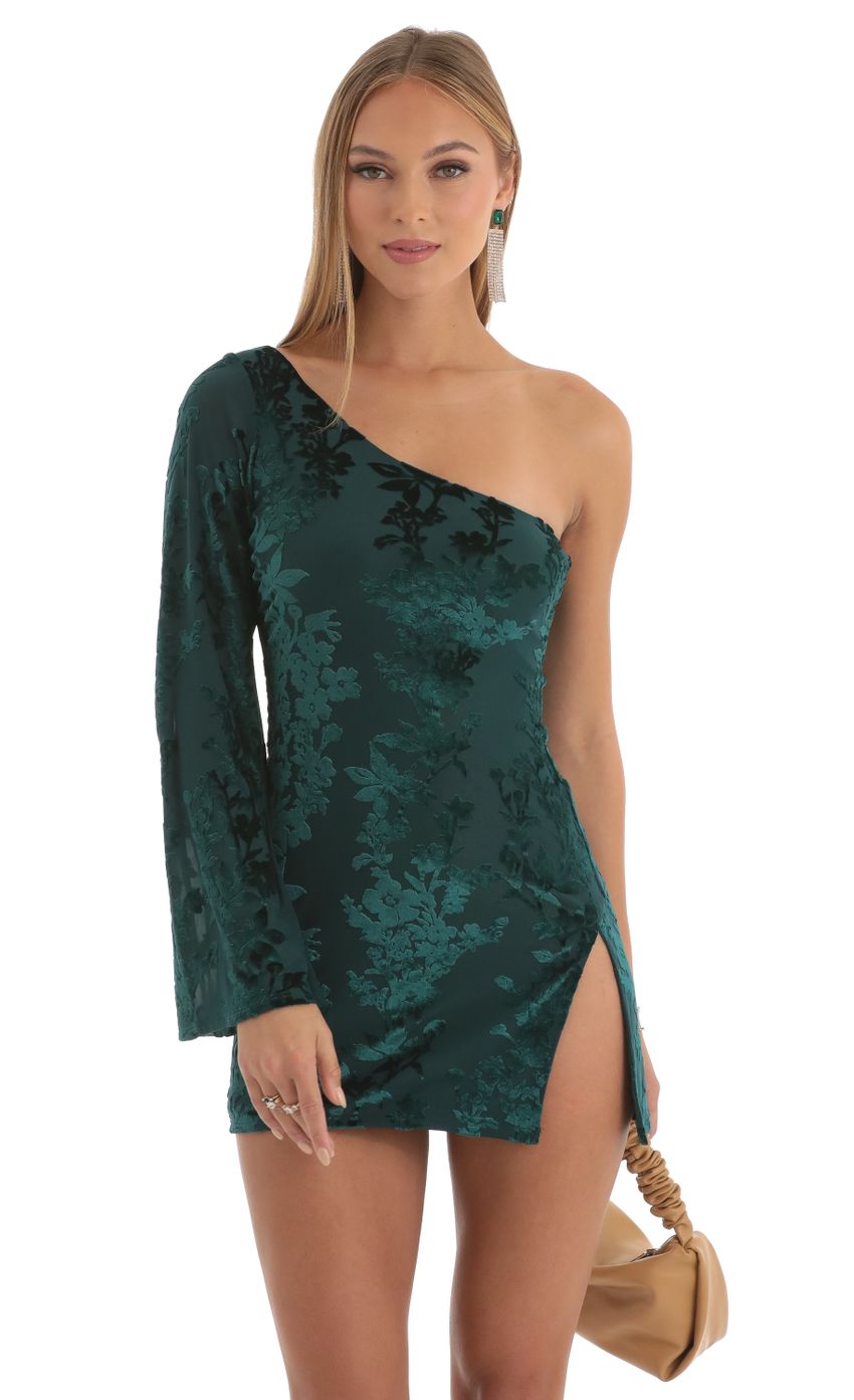 Picture Floral Velvet One Shoulder Dress in Green. Source: https://media-img.lucyinthesky.com/data/Nov22/850xAUTO/1c50089b-6013-43c5-8e76-da83cf98fe17.jpg