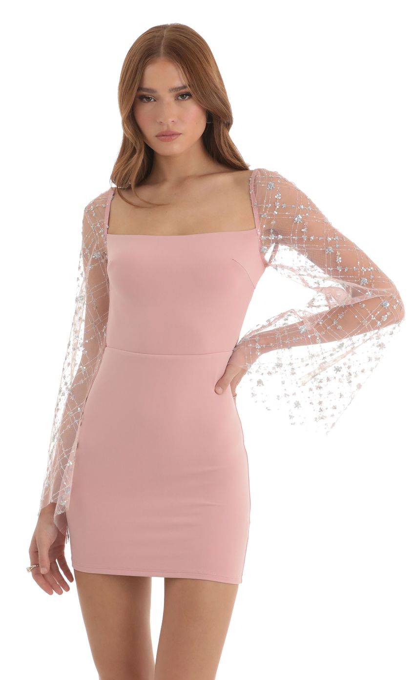 Picture Sequin Flare Sleeve Dress in Pink. Source: https://media-img.lucyinthesky.com/data/Nov22/850xAUTO/46882380-0029-4cb1-b11d-1564be682698.jpg
