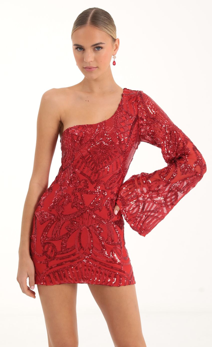 Picture Sequin Flare Sleeve Dress in Red. Source: https://media-img.lucyinthesky.com/data/Nov22/850xAUTO/56af31bf-f00b-4c53-81a8-dd3892b58d4b.jpg