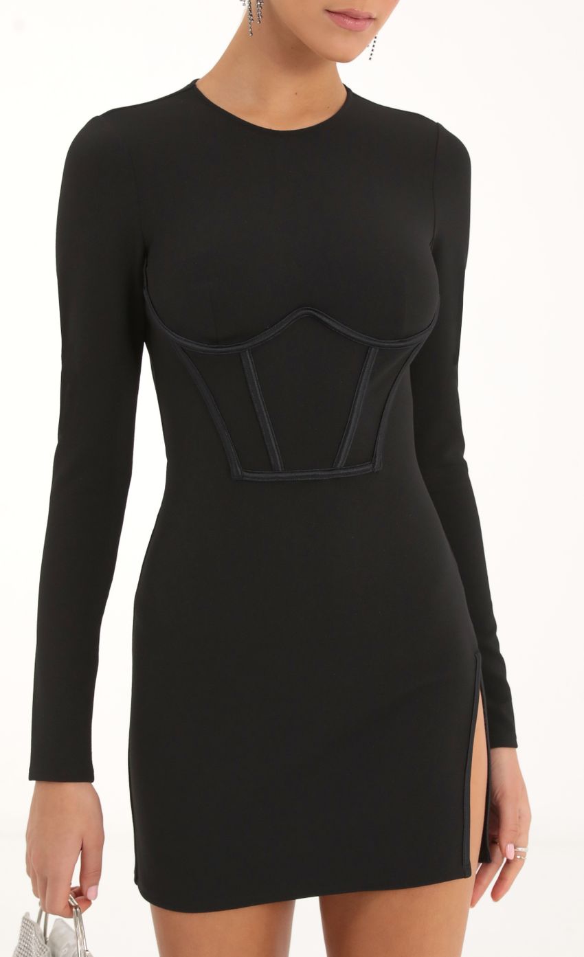Picture Crepe Corset Dress in Black. Source: https://media-img.lucyinthesky.com/data/Nov22/850xAUTO/5dc99dcf-1909-4f77-b7e6-480db87b7b2e.jpg