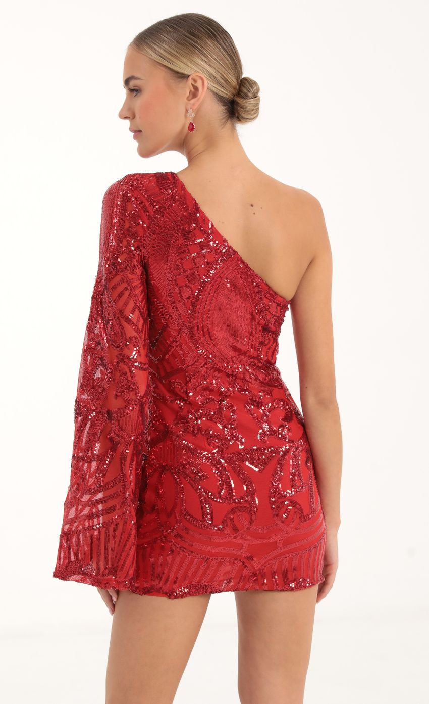Picture Sequin Flare Sleeve Dress in Red. Source: https://media-img.lucyinthesky.com/data/Nov22/850xAUTO/5f236cbe-6a7e-4569-aa27-8ff899594b27.jpg