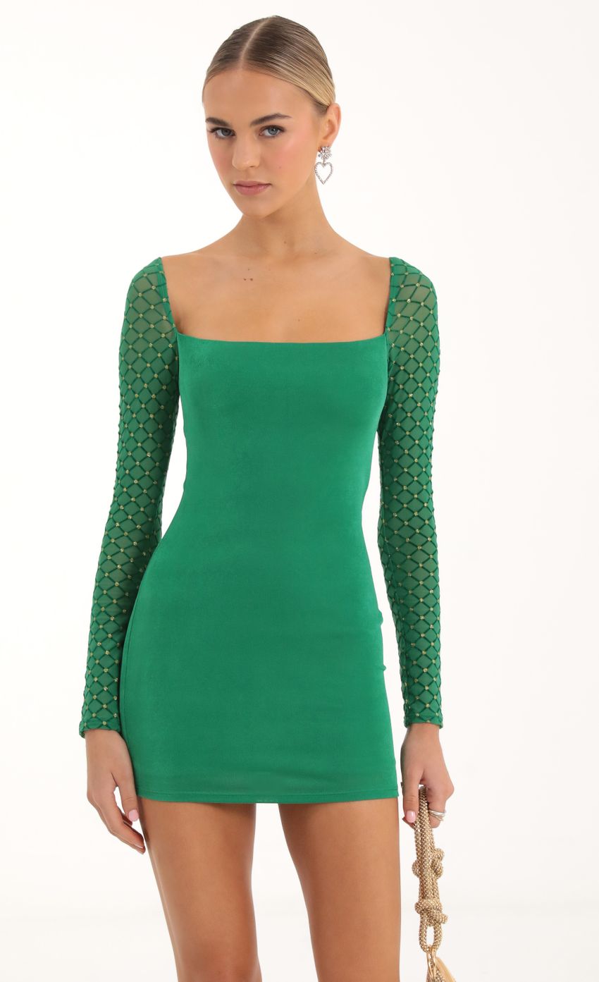 Picture Glitter Diamond Long Sleeve Dress in Green. Source: https://media-img.lucyinthesky.com/data/Nov22/850xAUTO/6174ba75-e228-4bc6-9a69-9d79f8a4b8e7.jpg