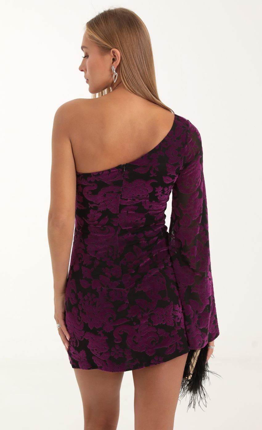 Picture Floral Velvet One Shoulder Dress in Purple. Source: https://media-img.lucyinthesky.com/data/Nov22/850xAUTO/654c6520-b1ac-45b9-b386-3895a328c2c6.jpg