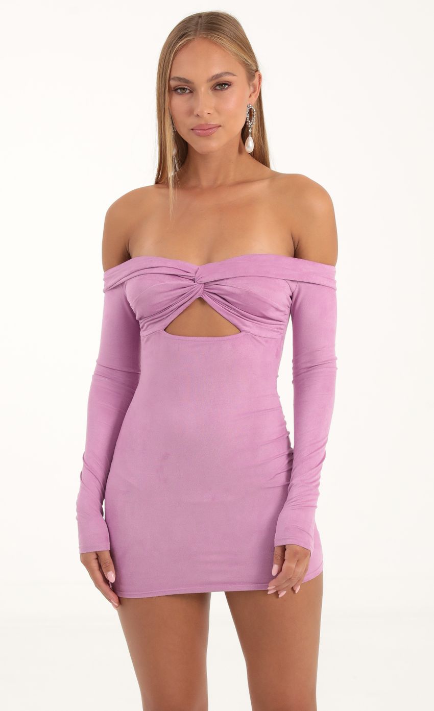 Picture Suede Off The Shoulder Dress in Purple. Source: https://media-img.lucyinthesky.com/data/Nov22/850xAUTO/68cec89f-9af0-4459-9278-fa5b99291ed4.jpg