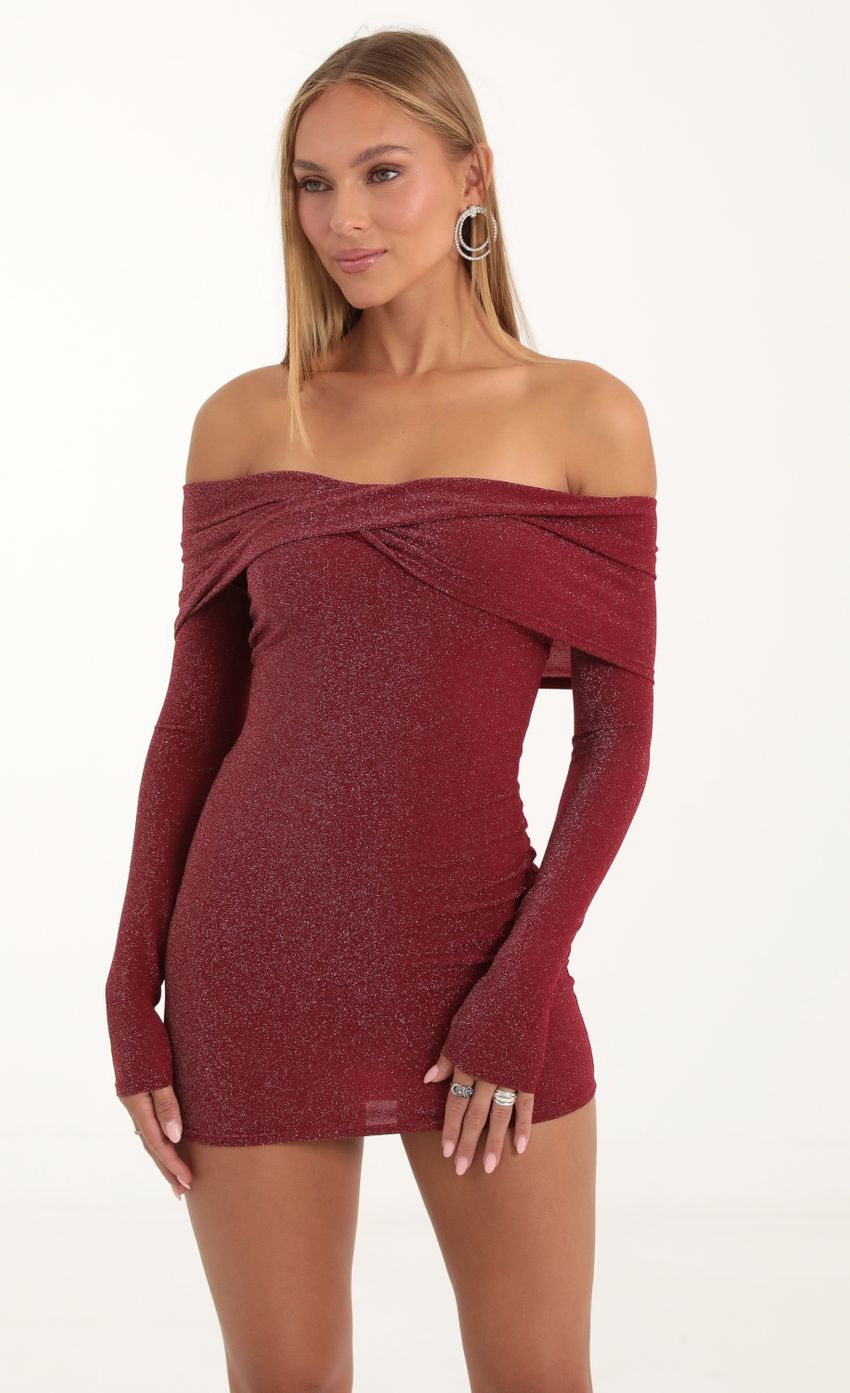Picture Metallic Knit Off The Shoulder Dress in Red. Source: https://media-img.lucyinthesky.com/data/Nov22/850xAUTO/6fe4a265-ce78-4ce6-9935-a5f404bbab53.jpg