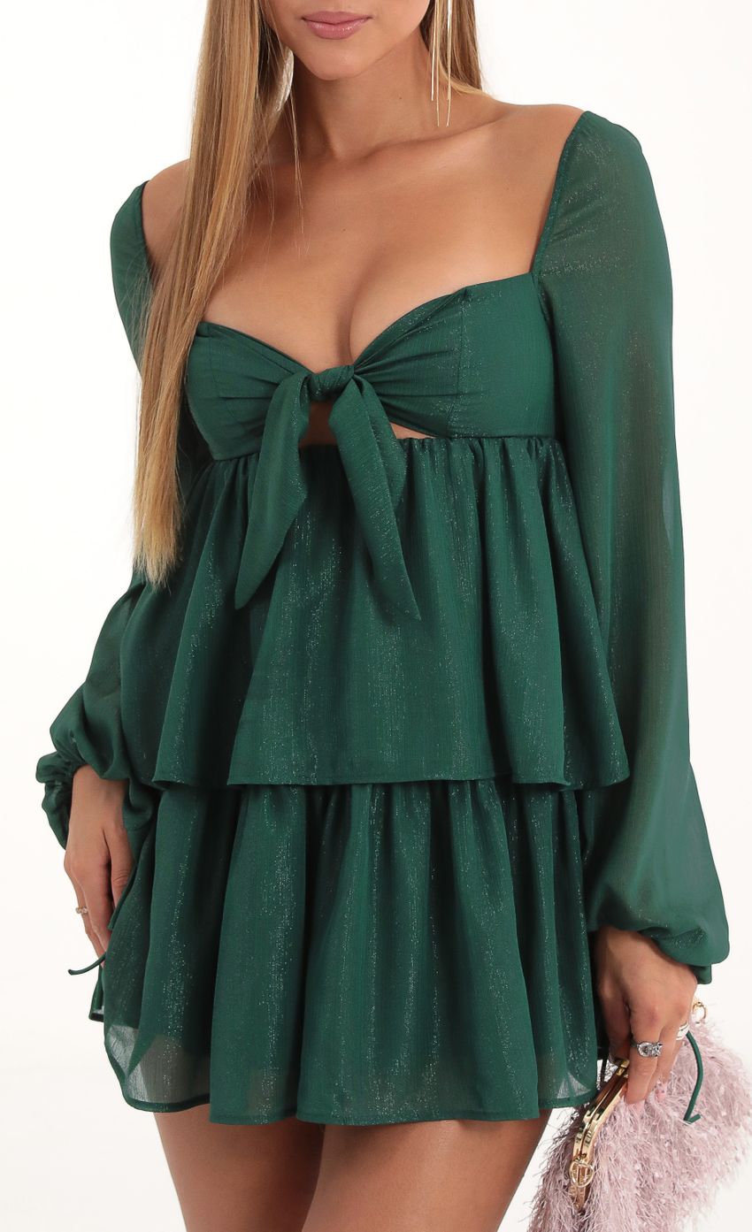 Picture Journi Shinny Chiffon Ruffle Dress in Green. Source: https://media-img.lucyinthesky.com/data/Nov22/850xAUTO/8e19796a-36e8-48d6-b110-7c23e3dd2bbc.jpg