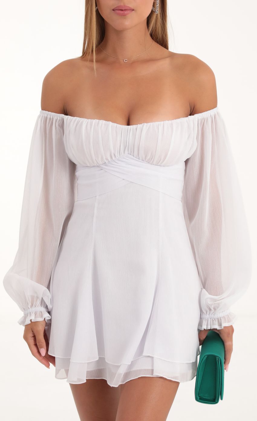 Picture Shinny Chiffon Off The Shoulder Dress in White. Source: https://media-img.lucyinthesky.com/data/Nov22/850xAUTO/941bde34-7c0f-40cc-8e07-efd9fc4d7d43.jpg