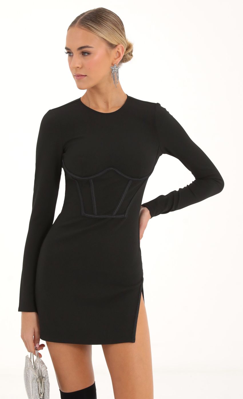 Picture Crepe Corset Dress in Black. Source: https://media-img.lucyinthesky.com/data/Nov22/850xAUTO/9ff4b5f5-6508-459a-80b6-974e1eba8a1f.jpg