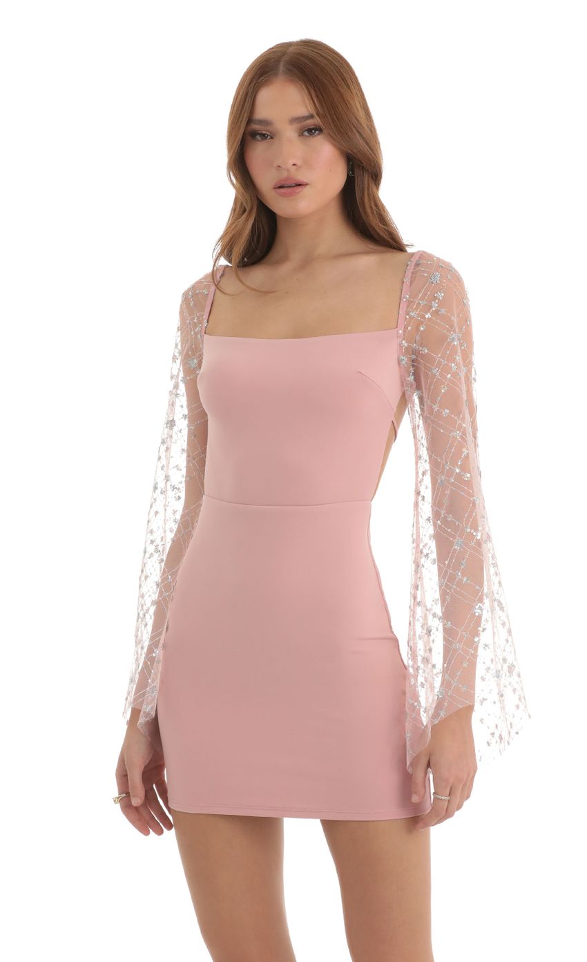Picture Sequin Flare Sleeve Dress in Pink. Source: https://media-img.lucyinthesky.com/data/Nov22/850xAUTO/a8f923f1-0240-49a3-9bb1-e5b09b13b18f.jpg