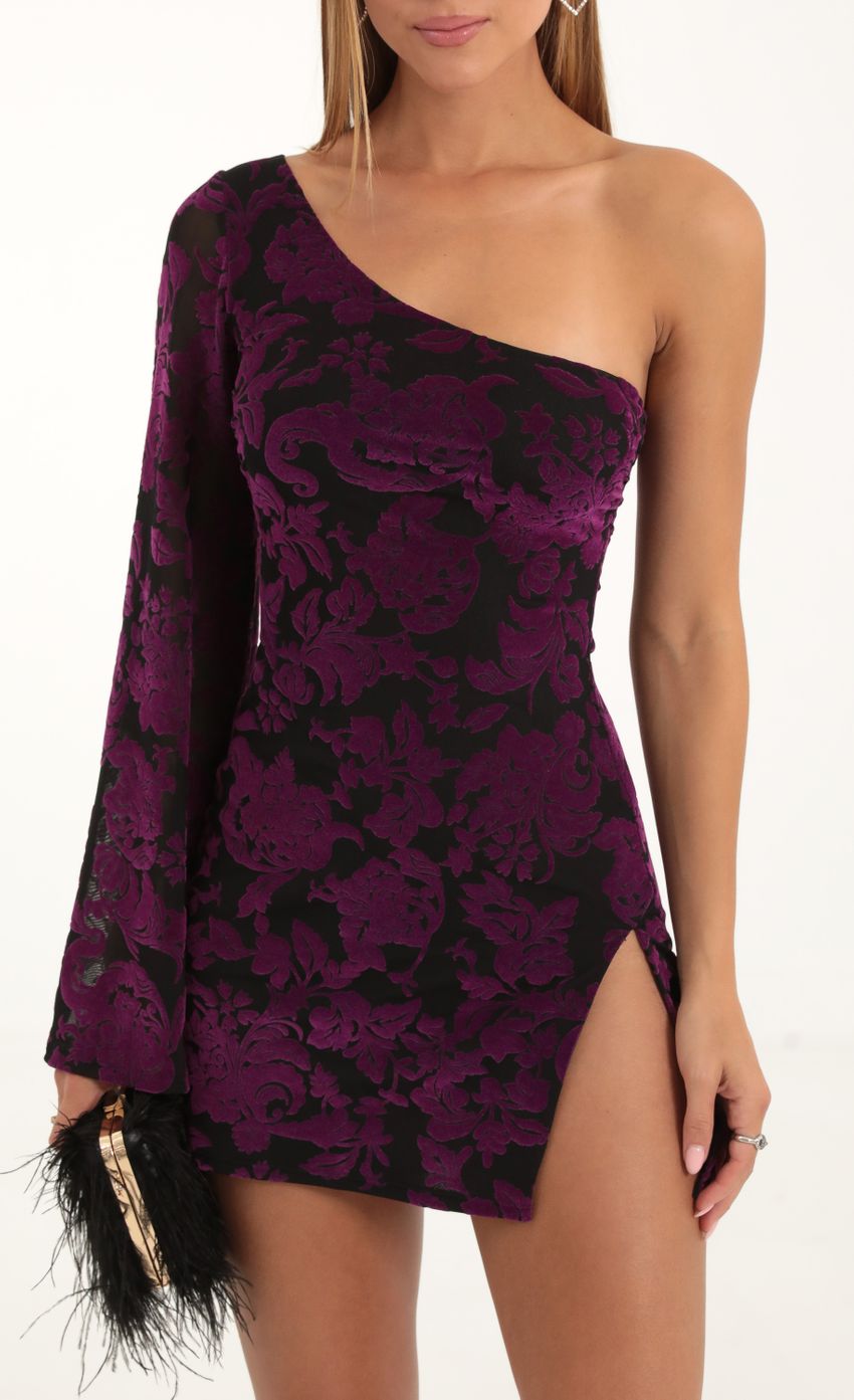 Picture Floral Velvet One Shoulder Dress in Purple. Source: https://media-img.lucyinthesky.com/data/Nov22/850xAUTO/cb86db9d-ca30-4652-9a91-84913f9b1ce8.jpg