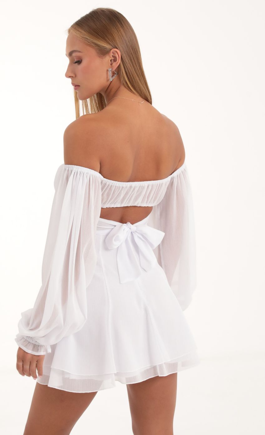 Picture Shinny Chiffon Off The Shoulder Dress in White. Source: https://media-img.lucyinthesky.com/data/Nov22/850xAUTO/d8dfa85e-a947-44ea-8b38-8985ae18811c.jpg