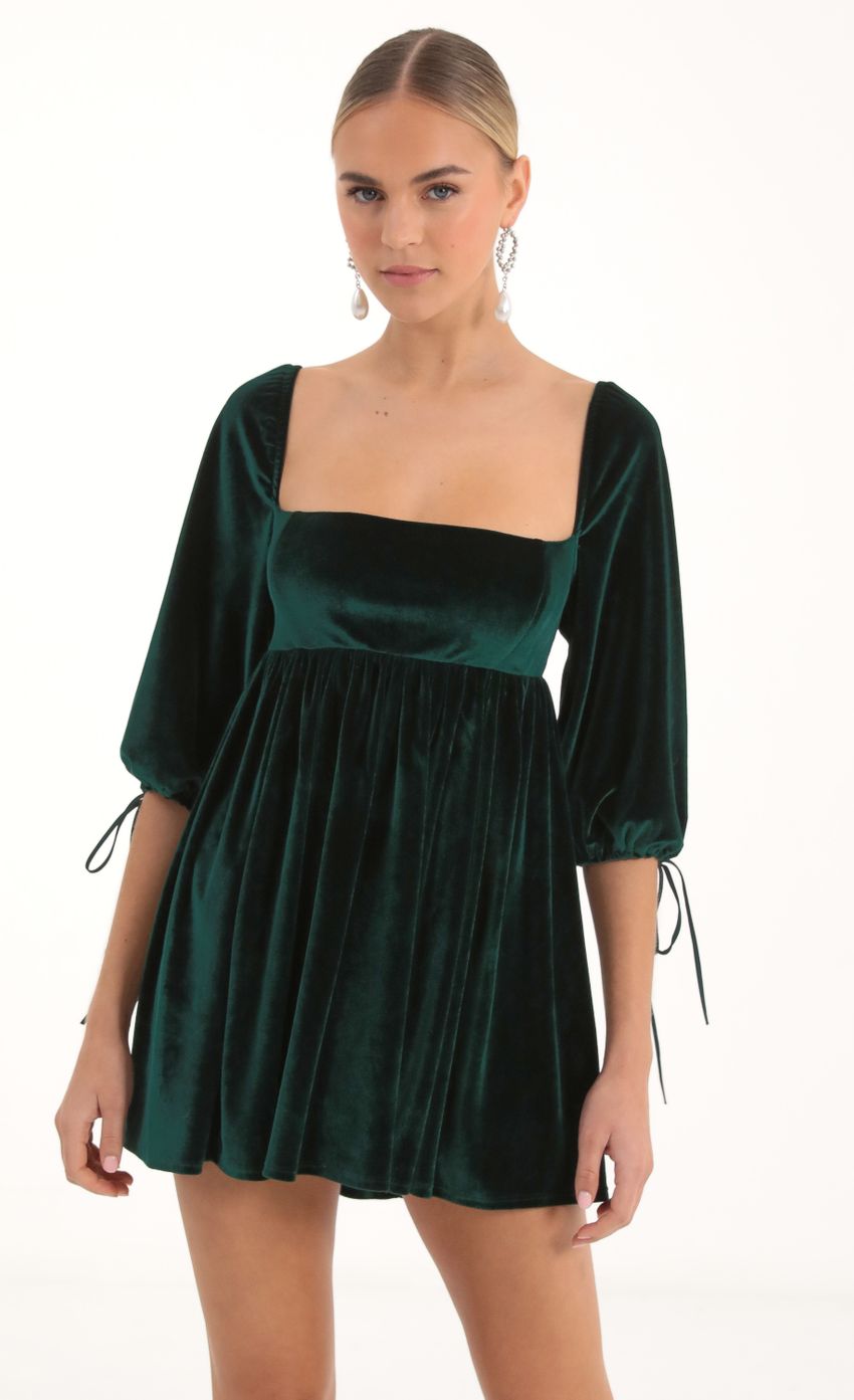 Picture Velvet Baby Doll Dress in Green. Source: https://media-img.lucyinthesky.com/data/Nov22/850xAUTO/dc1e0e9d-d35a-4f9e-9799-4b90886aab93.jpg
