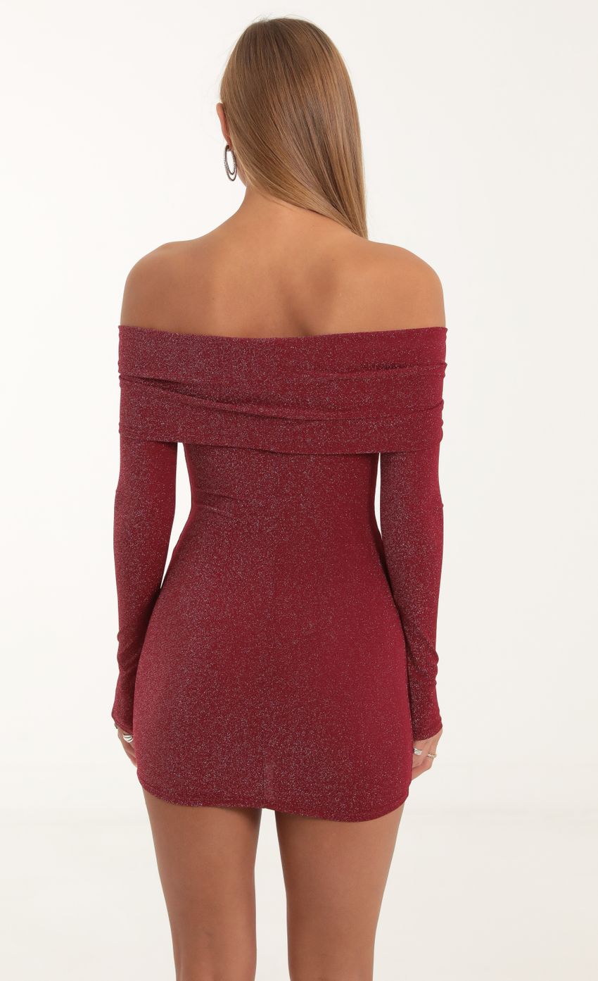 Picture Metallic Knit Off The Shoulder Dress in Red. Source: https://media-img.lucyinthesky.com/data/Nov22/850xAUTO/dc36a92e-21c0-446f-92df-dadaba1800c2.jpg