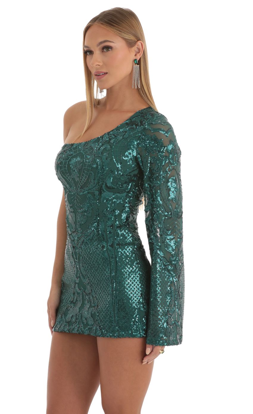 Picture Sequin Flare Sleeve Dress in Green. Source: https://media-img.lucyinthesky.com/data/Nov22/850xAUTO/f5d6f734-e1f2-48fe-aee7-1a7d11180b5c.jpg