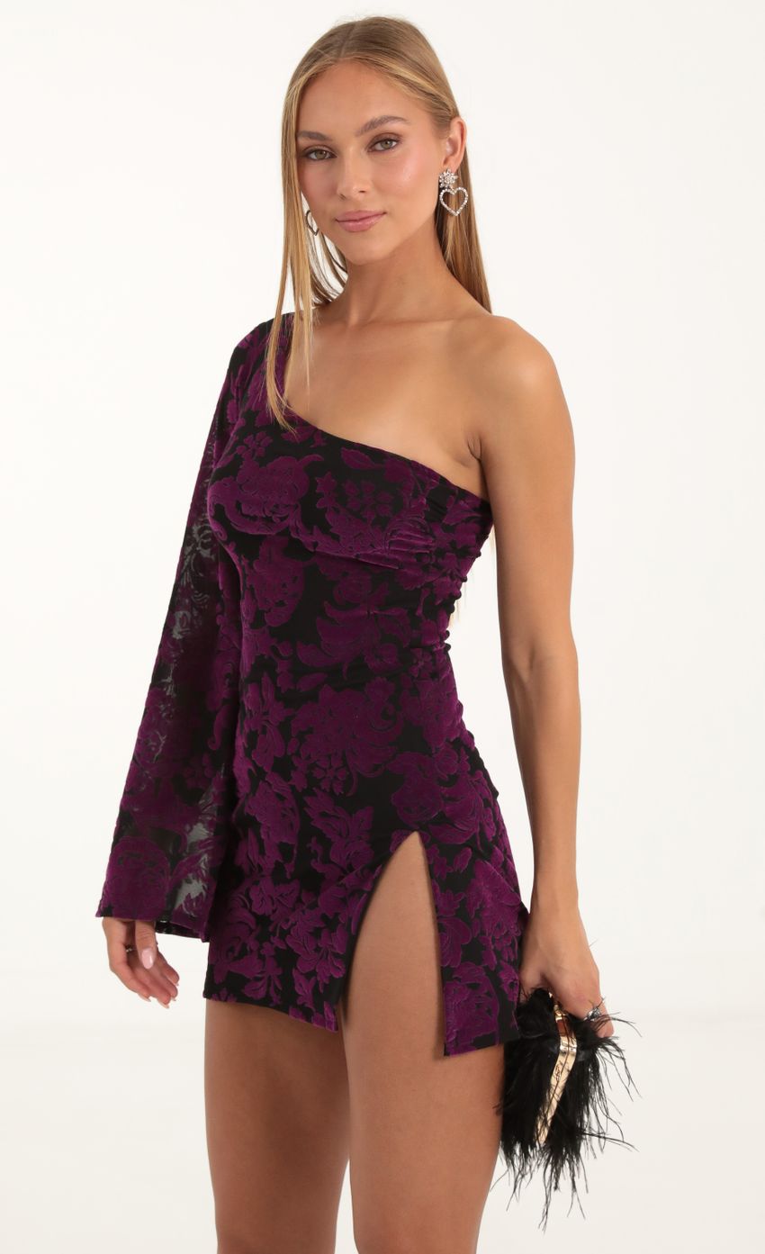 Picture Floral Velvet One Shoulder Dress in Purple. Source: https://media-img.lucyinthesky.com/data/Nov22/850xAUTO/f820a86f-5f93-4878-b658-9768cec5c64e.jpg