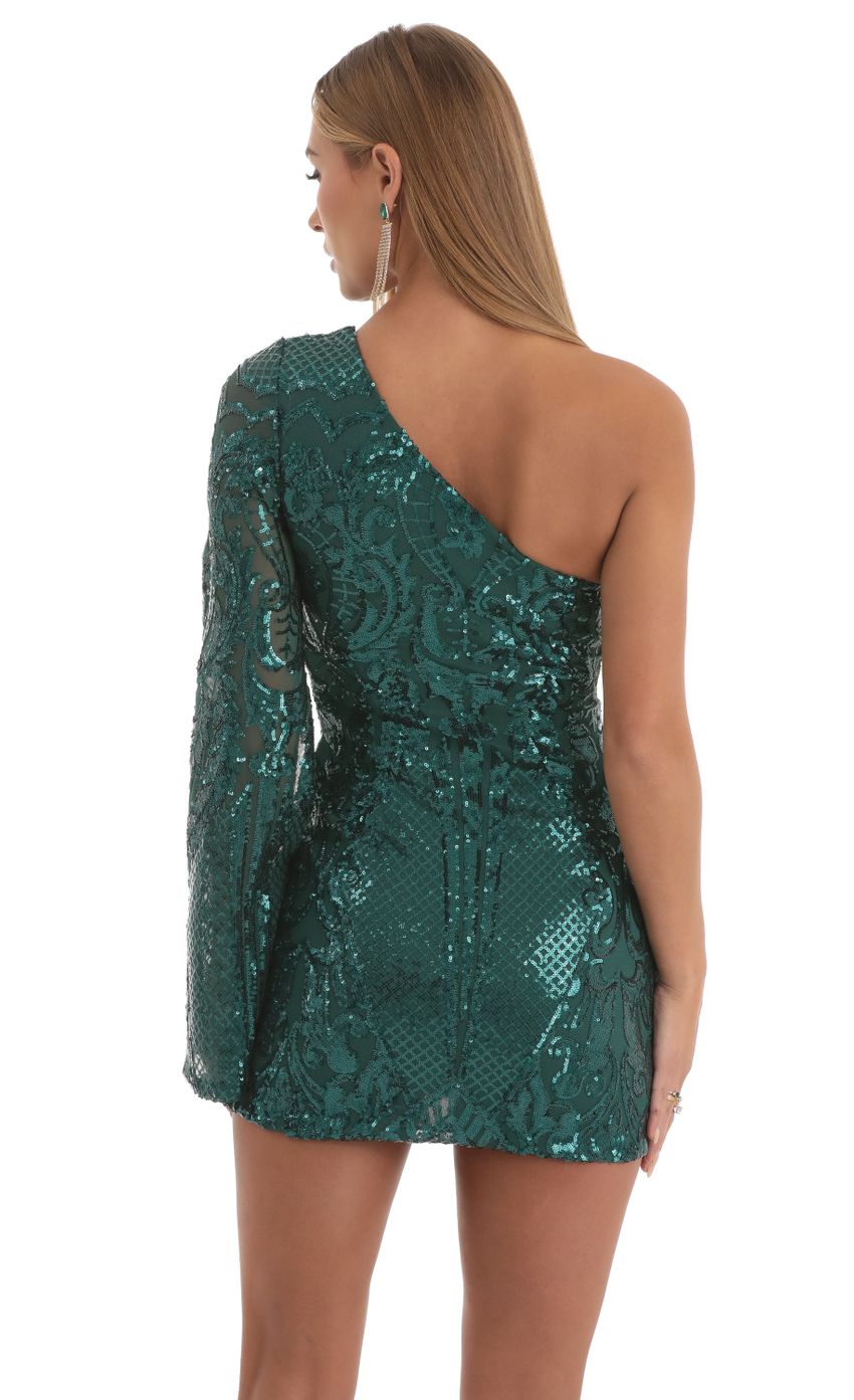 Picture Sequin Flare Sleeve Dress in Green. Source: https://media-img.lucyinthesky.com/data/Nov22/850xAUTO/fa0d407e-8a66-47e3-b75c-1242efb90d8f.jpg