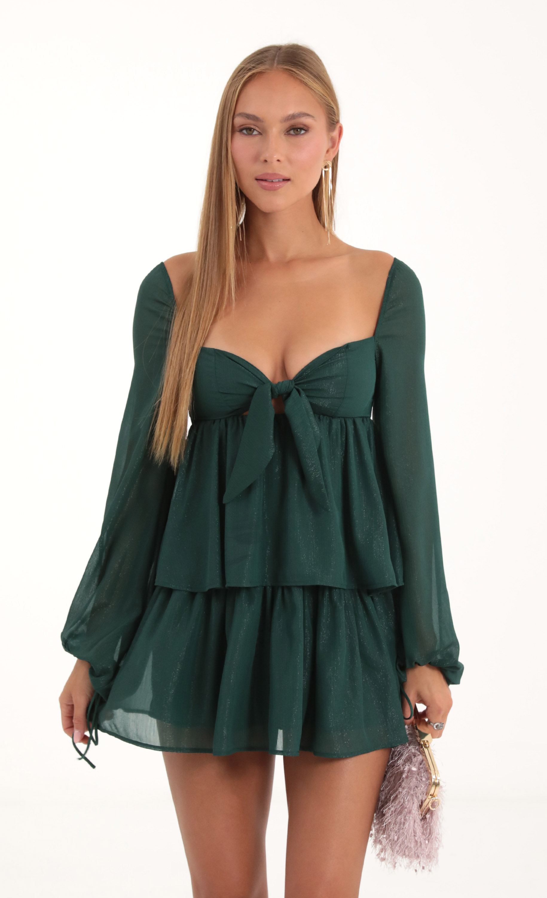 Journi Shinny Chiffon Ruffle Dress in Green