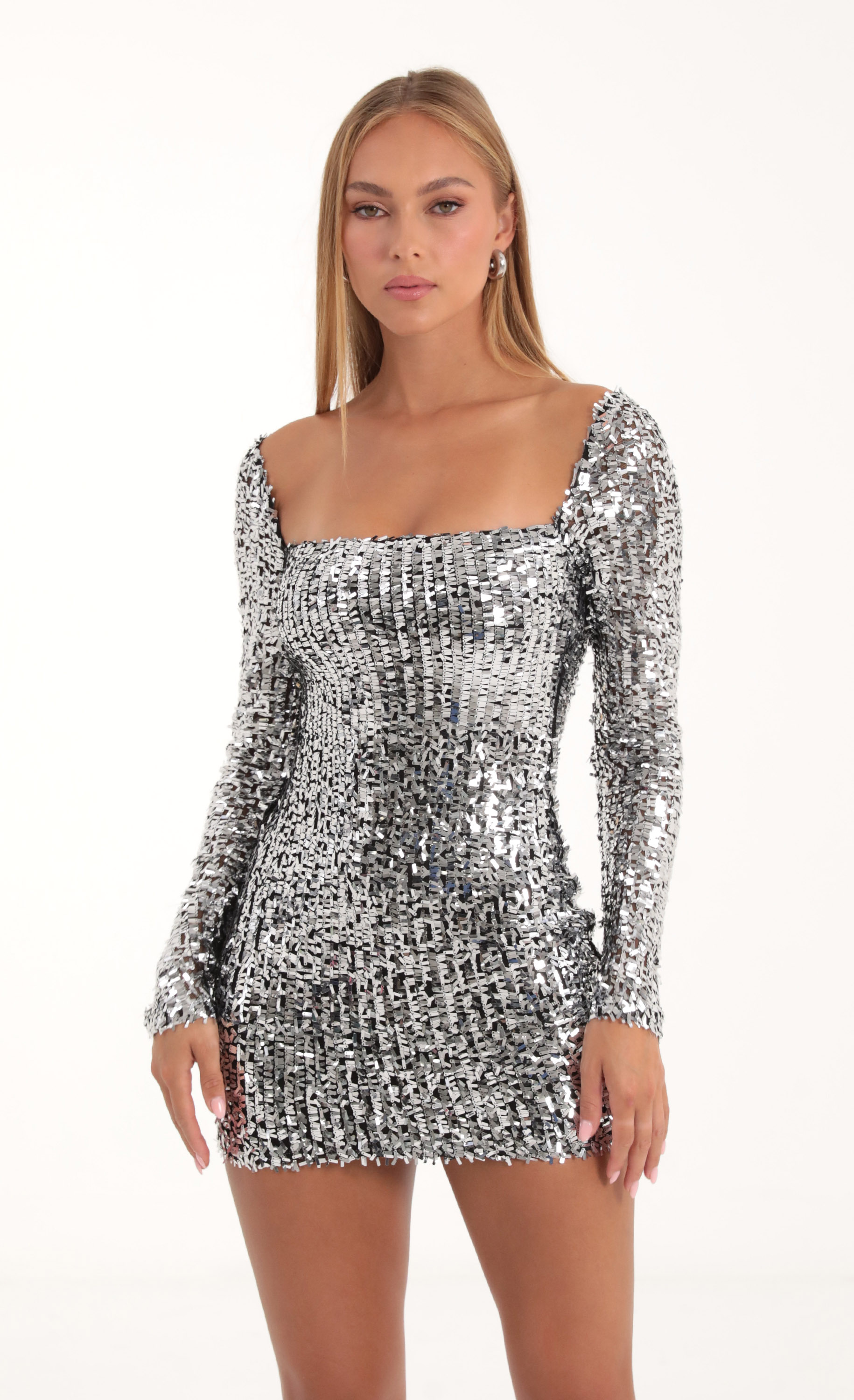 Sequin Mesh Long Sleeve Dress in Silver