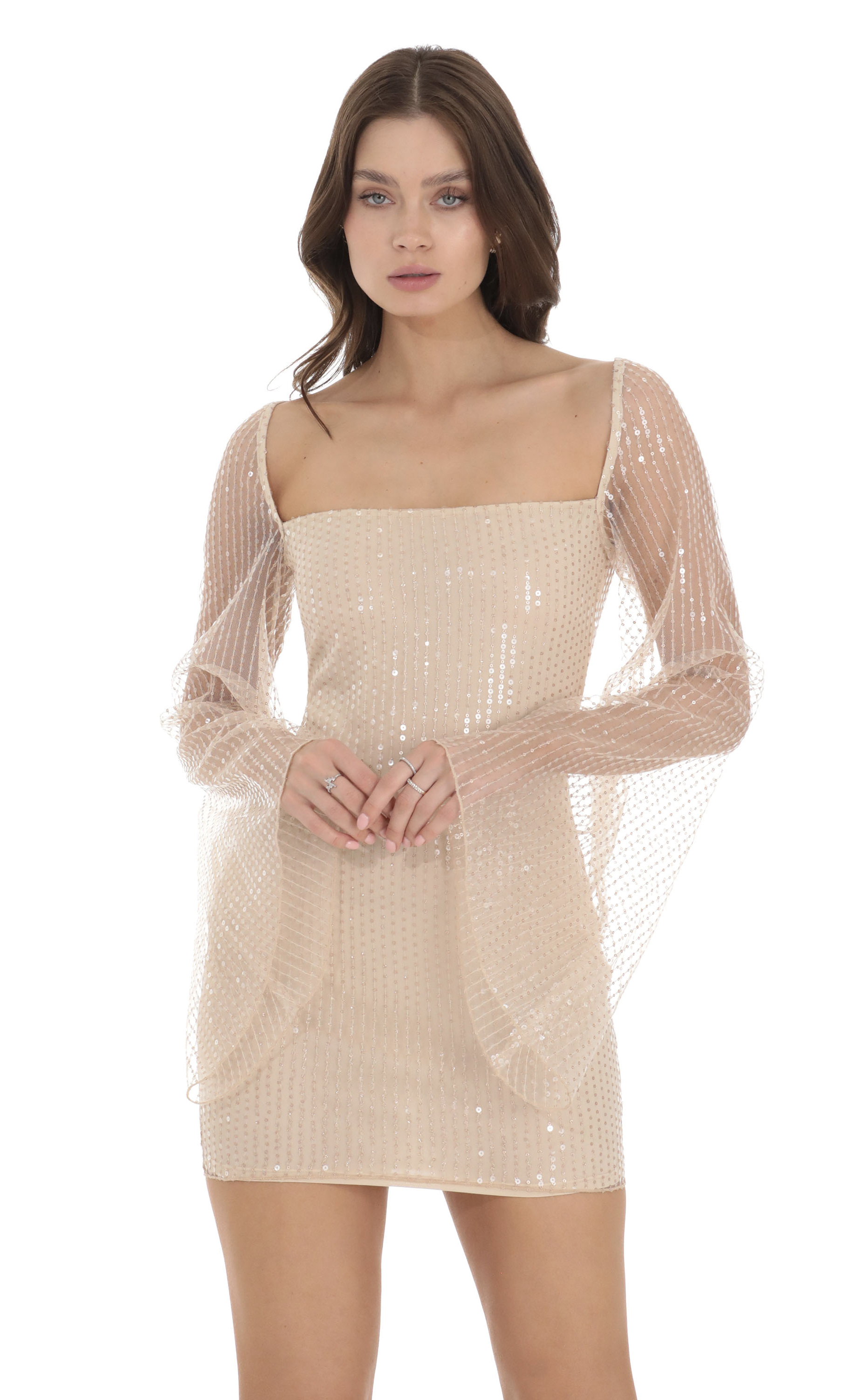 Tulle Sequin Flare Sleeve Dress in Champagne