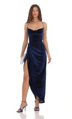 Picture Velvet Asymmetrical Maxi Dress in Navy. Source: https://media-img.lucyinthesky.com/data/Nov23/150xAUTO/2c6d9221-1f55-4460-a466-c9bd0d8a0f11.jpg