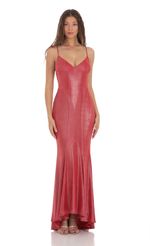 Picture Shimmer Open Back Maxi Dress in Red. Source: https://media-img.lucyinthesky.com/data/Nov23/150xAUTO/42600144-fa8d-4b27-9ddf-68b25a5adc04.jpg
