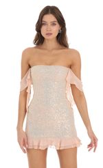Picture Iridescent Sequin Off Shoulder Dress in Champagne. Source: https://media-img.lucyinthesky.com/data/Nov23/150xAUTO/453f357d-5e07-4835-adbe-6f0bbb94f70d.jpg