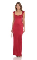 Picture Satin Bodycon Maxi Dress in Red. Source: https://media-img.lucyinthesky.com/data/Nov23/150xAUTO/4654c99c-67c4-47e8-b7d7-e8b6cd2ae531.jpg