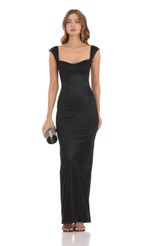 Picture Satin Bodycon Maxi Dress in Black. Source: https://media-img.lucyinthesky.com/data/Nov23/150xAUTO/946b52d0-f50b-479b-b9a0-6e48acb8dbb0.jpg