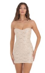 Picture Sequin Lace Strapless Dress in Beige. Source: https://media-img.lucyinthesky.com/data/Nov23/150xAUTO/9d0ecb78-d288-432a-a44e-958db774fca4.jpg