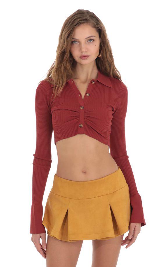 Ribbed Collared Top in Maroon