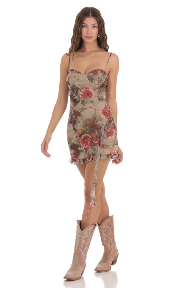 Floral Mesh Dress in Brown