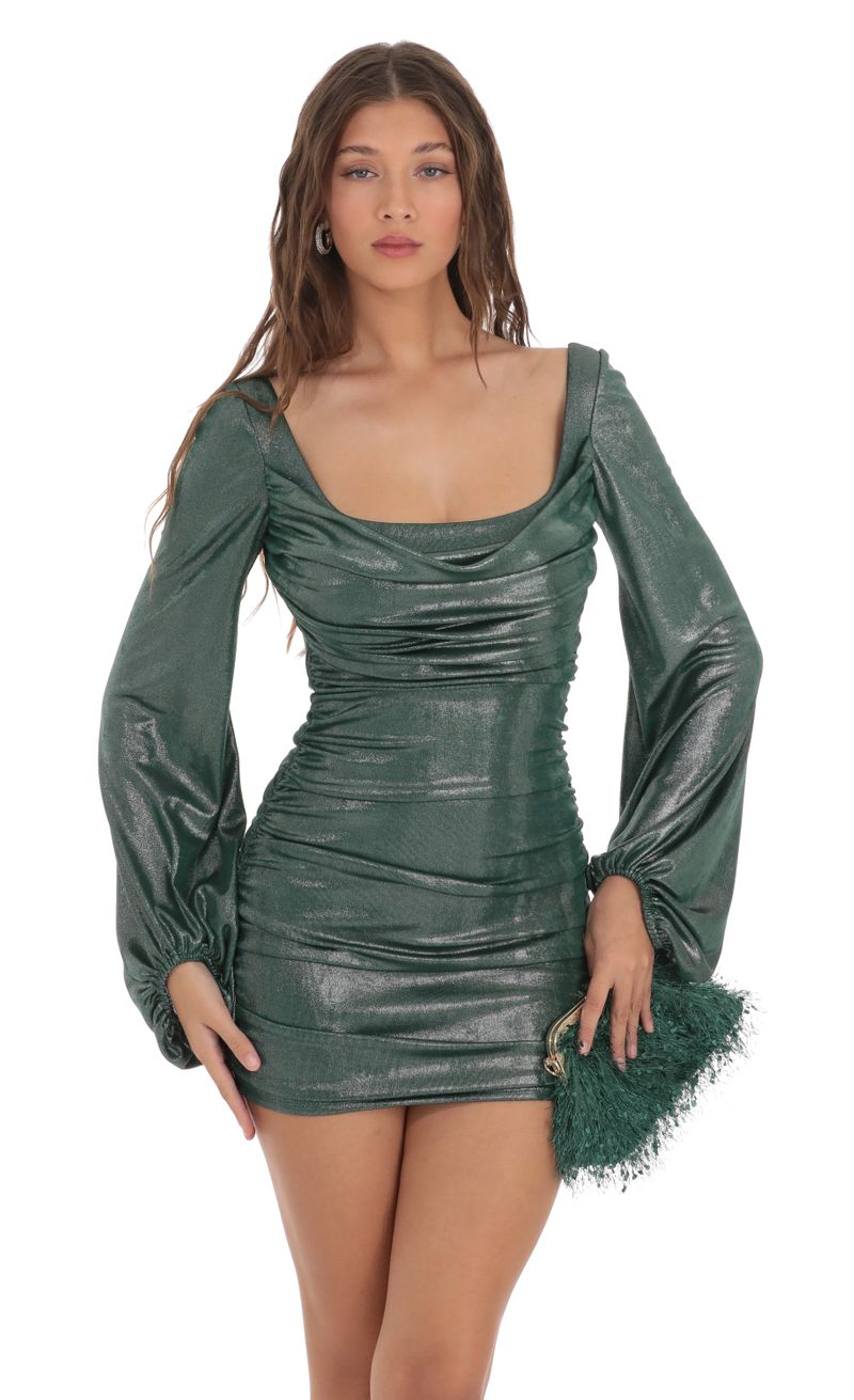 Metallic Ruched Cowl Neck Dress in Green | LUCY IN THE SKY