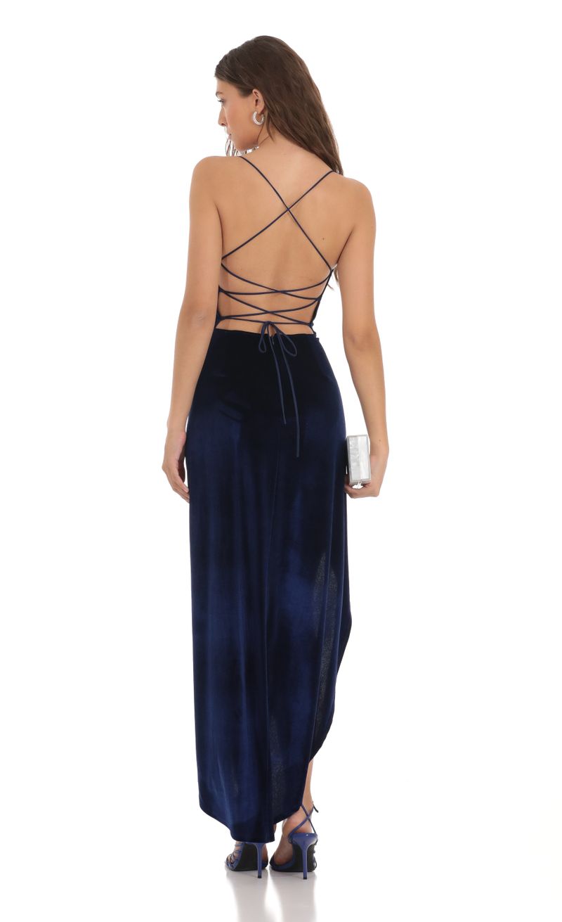 Extravagant Elegance Royal Blue Velvet Asymmetrical Maxi Dress