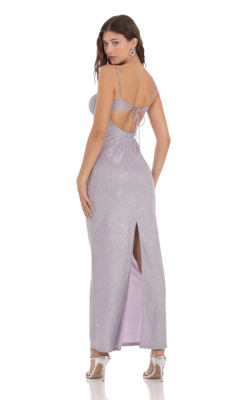 Picture Shimmer Back Slit Bodycon Dress in Lavender. Source: https://media-img.lucyinthesky.com/data/Nov23/850xAUTO/038c46e7-1a89-408f-bdb1-861ec621056f.jpg